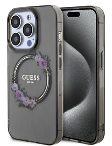 Guess PC/TPU Flowers Ring Glossy Logo MagSafe Zadný Kryt pre iPhone 13 Pro Max čierna GUHMP13XHFWFCK