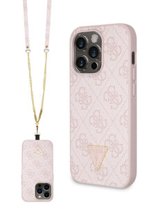 Guess PU 4G Strass Triangle Metal Logo Case + Crossbody Strap for iPhone 15 Pro pink GUHCP15LP4TDSCPP