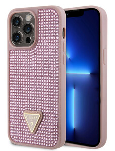 Guess Rhinestones Triangle Metal Logo Case for iPhone 15 Pro Max pink GUHCP15XHDGTPP