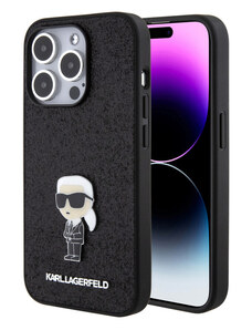 Karl Lagerfeld Fixed Glitter Metal Ikonik Zadný Kryt pre iPhone 15 Pro čierna KLHCP15LGKNPSK