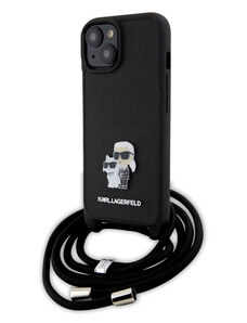 Karl Lagerfeld Saffiano Nylon Crossbody Metal Karl and Choupette Zadný Kryt pre iPhone 15 čierna KLHCP15SSAKCPSK