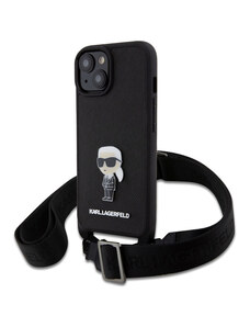 Karl Lagerfeld Saffiano Crossbody Metal Ikonik Zadný Kryt pre iPhone 15 čierna KLHCP15SSASKNPBK