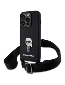 Karl Lagerfeld Saffiano Crossbody Metal Ikonik puzdro pre iPhone 15 Pro čierna KLHCP15LSASKNPBK
