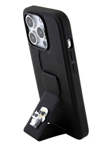 Karl Lagerfeld Saffiano Grip Stand Metal Logo puzdro pre iPhone 15 Pro Max čierna KLHCP15XGSAKCPK
