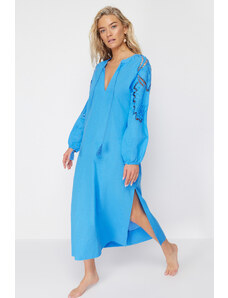 Trendyol Collection Modré midi tkané kimono a kaftan so strapcami 100% bavlna