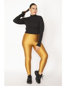 Şans Women's Large Size Gold High Waist Spandex Fabric Gathering Shiny Disco Tights