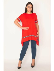 Şans Women's Plus Size Red Stripe Detailed Asymmetrical Tunic