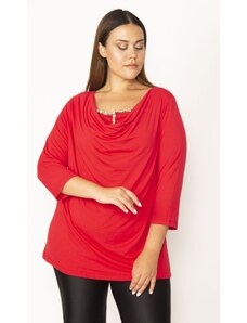 Şans Women's Plus Size Red Low Collar Stone Detailed Capri Sleeves Blouse