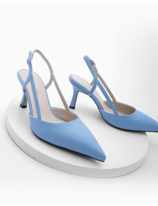 Marjin Dámske klasické topánky na podpätku Suder so špicatou špičkou a otvoreným remienkom v modrej farbe