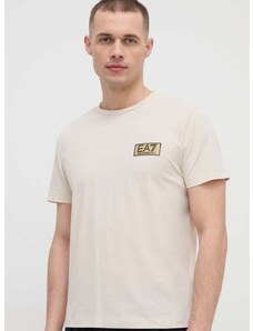 Bavlnené tričko EA7 Emporio Armani pánsky, béžová farba, s nášivkou
