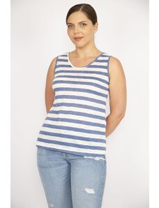 Şans Women's Indigo Plus Size Crew Neck Sleeveless Striped Blouse