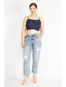 Şans Women's Blue Plus Size Ripped Detail 5 Pocket Jeans