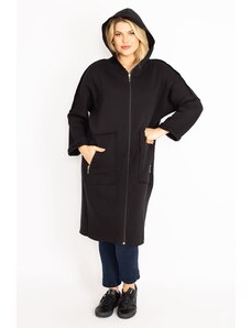 Şans Women's Plus Size Black Zipper And Hood Detailed Coat