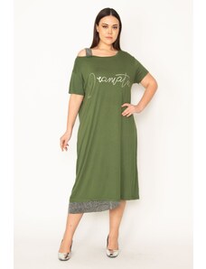 Şans Women's Plus Size Khaki Shimmer Detailed Front Printed Dress