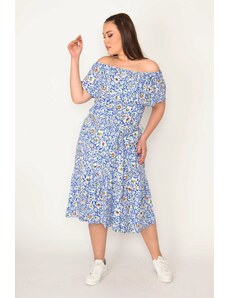 Şans Women's Plus Size Blue Collar Elastic And Flounce Detailed Woven Viscose Fabric Dress