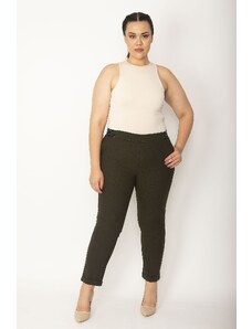 Şans Women's Plus Size Khaki Elastic Back Waist, Side And Back Pockets, Double Leg Fabric Trousers