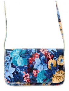 Vera Pelle Kožená modrá dámska pozdĺžna crossbody kabelka v motíve kvetov