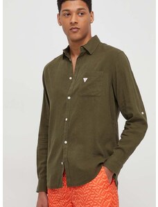 Ľanová košeľa Guess zelená farba, voľný strih, s klasickým golierom, F4GH00 WG3L0