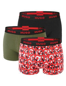 HUGO - boxerky 3PACK cotton stretch black & army green with red logo - limitovaná fashion edícia (HUGO BOSS)
