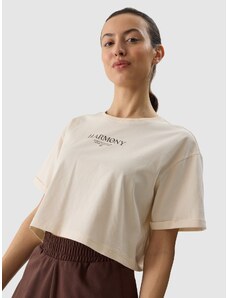 4F Dámske crop-top tričko s potlačou - krémové
