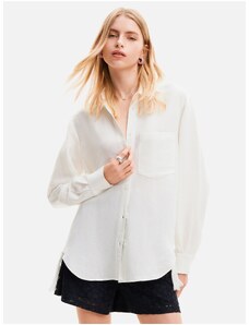 White Women's Oversize Shirt with Linen Blend Desigual Fringes - Women