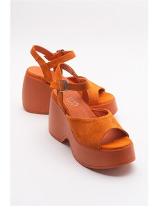LuviShoes Abbon Women's Orange Suede Genuine Leather Wedge Heel Sandals