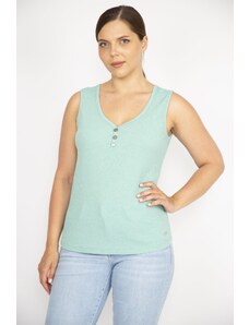 Şans Women's Green Plus Size V-Neck Front Decorative Buttoned Camisole Fabric Sleeveless Blouse