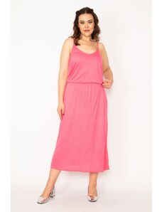 Şans Women's Plus Size Pink Viscose Dress with Elastic Waist and Straps