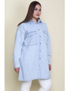 Şans Women's Plus Size Blue Loose Fit Oversized Denim Tunic Jacket with Snap Buttons