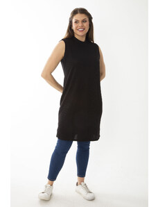 Şans Women's Plus Size Black Camisole Fabric Crew Neck Collar Sleeveless Long Blouse