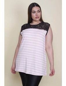 Şans Women's Plus Size Pink Robe, Lace and Striped Blouse