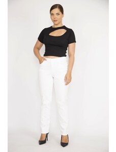 Şans Women's Plus Size Bone High Waist Side Belt Elastic Lycra 5-Pocket Jeans