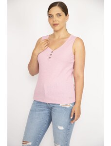 Şans Women's Pink Plus Size V-Neck Front Ornamental Buttoned Camisole Fabric Tank Top