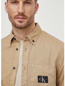 Bavlnená košeľa Calvin Klein Jeans pánska,béžová farba,regular,s golierom button-down,J30J325772