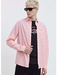 Košeľa s prímesou ľanu Tommy Jeans ružová farba, regular, s klasickým golierom, DM0DM18962