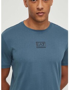 Bavlnené tričko EA7 Emporio Armani pánsky, tyrkysová farba, jednofarebný