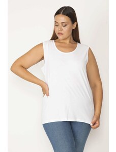 Şans Women's Plus Size White Cotton Fabric Crewneck Tank Top