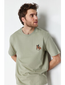 Trendyol Collection Mint uvoľnený/pohodlný strih Kôň/zviera Vyšívacie tričko s krátkym rukávom 100% bavlna