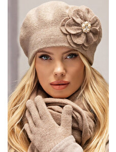 Kamea Tmavobéžová luxusná elegantná dámska baretka na zimu s kvetom Kalia, Farba tmavobéžová