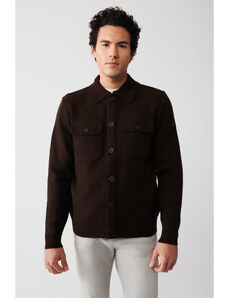 Avva Men's Brown Woolen Chest Pocket Buttoned Polo Collar Regular Fit Cardigan Coat
