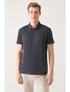 Avva Men's Anthracite 100% Cotton Zippered Regular Fit Polo Neck T-shirt