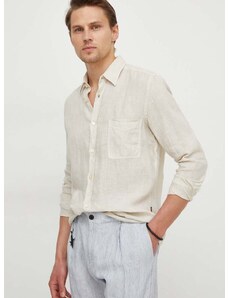 Ľanová košeľa BOSS BOSS ORANGE béžová farba, regular, s klasickým golierom, 50489344