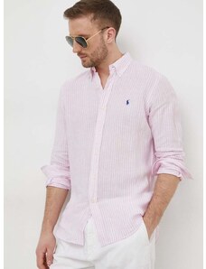 Ľanová košeľa Polo Ralph Lauren ružová farba,regular,s golierom button-down,710873446