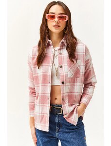 Olalook Women's Ecru Pale Pink Single Pocket Thick Plaid Lumberjack Shirt