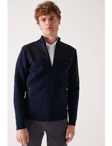 Avva Men's Navy Blue Wool Blended Parachute Fabric Detailed Zippered Standard Fit Regular Cut Cardigan Coat