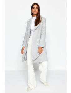 Trendyol Collection Sivý kabát s dlhým pásom z vlny