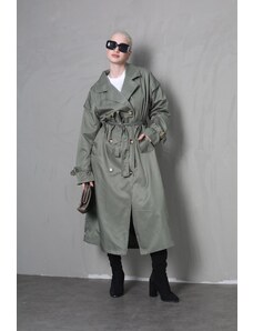 Madmext Green Flowy Long Trench Coat