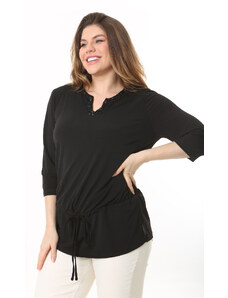 Şans Women's Plus Size Black Collar Stone Detailed Front Laced Tunic