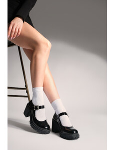 Marjin Dámske klasické topánky na podpätku s hrubým opätkom Zuten, čierna lakovaná koža