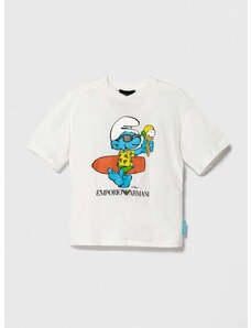 Detské bavlnené tričko Emporio Armani The Smurfs biela farba, s potlačou